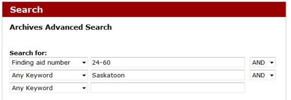 Screen capture of the Archives Advanced Search box, indicating a finding aid number (24-60) and the keyword (Saskatoon).