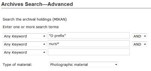 Searching for nursing-related photographs in the “O” prefix series in Advanced Archives Search.