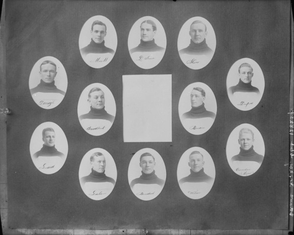 A black-and-white photograph with medallions portraits of 12 men centered around a white square.