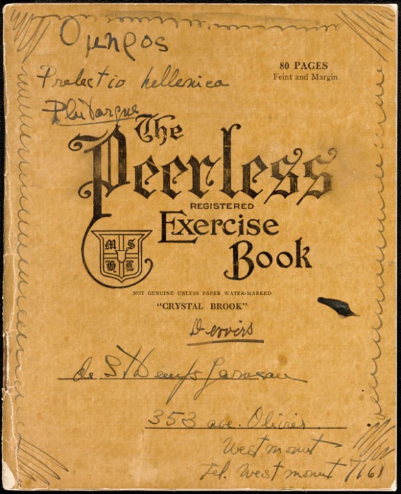 A colour image of a notebook with “The Peerless Registered Exercise Book” on the cover containing handwritten annotations and inscriptions in Greek.