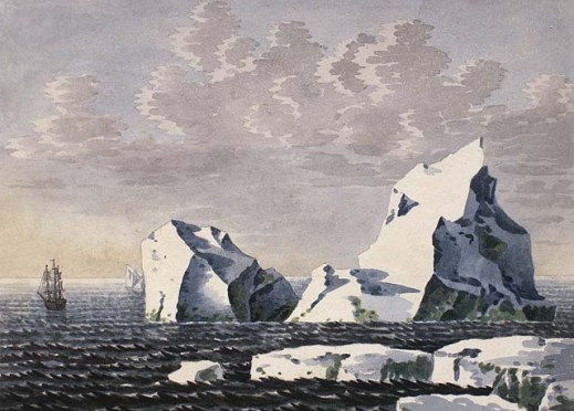 A watercolour on wove paper showing large icebergs on the right, while a sailing ship is seen at the left at some distance