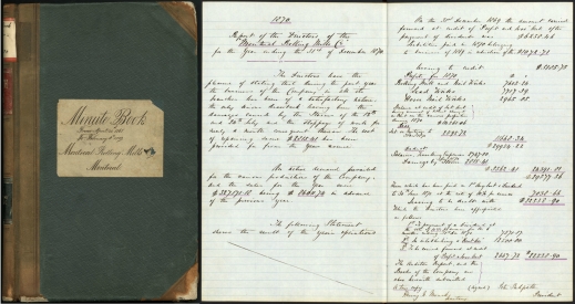 Colour image showing the cover of a minute book of directors’ meetings and two pages of text from a meeting held in 1870.