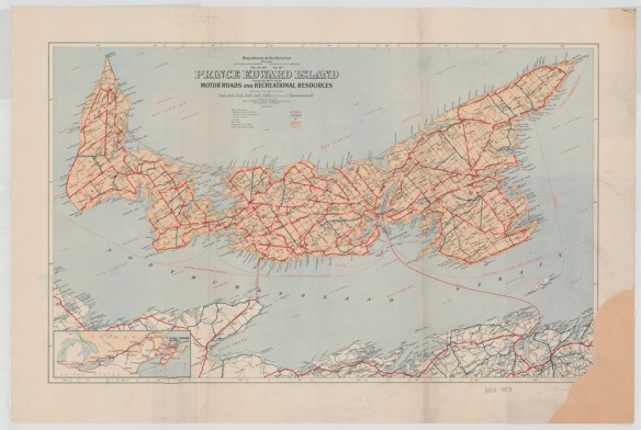 A colour map of roads and recreational sites of Prince Edward Island