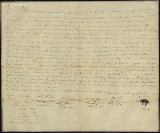 Image of the Selkirk Treaty, a large handwritten document with the Europeans’ signatures and Chiefs’ marks at the bottom.