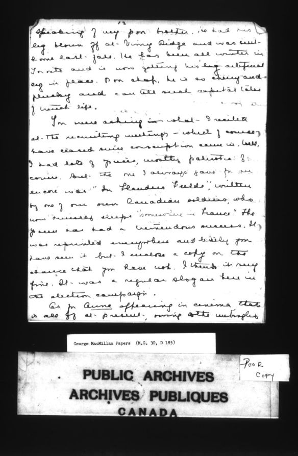 A black-and-white page of a letter from Lucy Maude Montgomery to George Boyd Macmillan. Discusses the popularity of “In Flanders Fields” and its use in election campaigns.