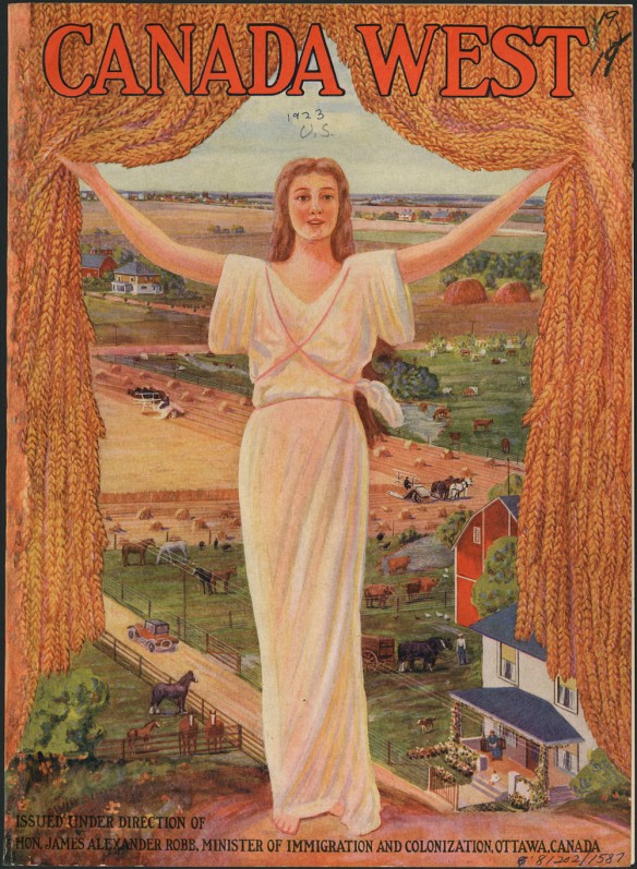 A colour atlas cover showing a blonde woman in a white Grecian-like robe holding open a curtain of golden grain to reveal a busy farming scene complete with green and gold fields, farmhouses, barns and cattle. 