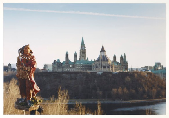Indigenous figurine set across the river from Parliament Hill.
