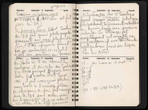 A handwritten journal entry explaining the process for the production of a stamp.