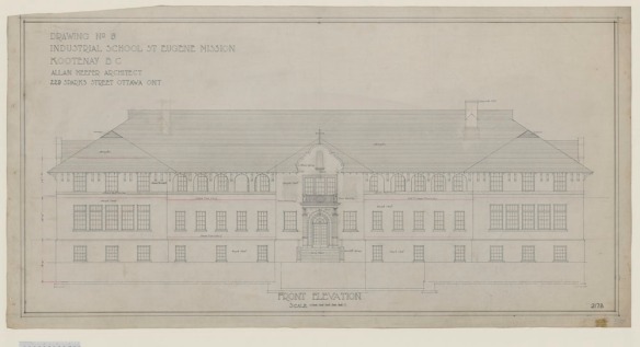 A technical drawing of a three-story building with a high peaked roof. The central front entrance has a peak with a cross above it. 