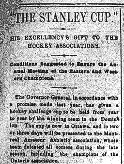 A grainy newspaper clipping of an article with the headline “‘The Stanley Cup.’ His Excellency’s gift to the hockey associations.”
