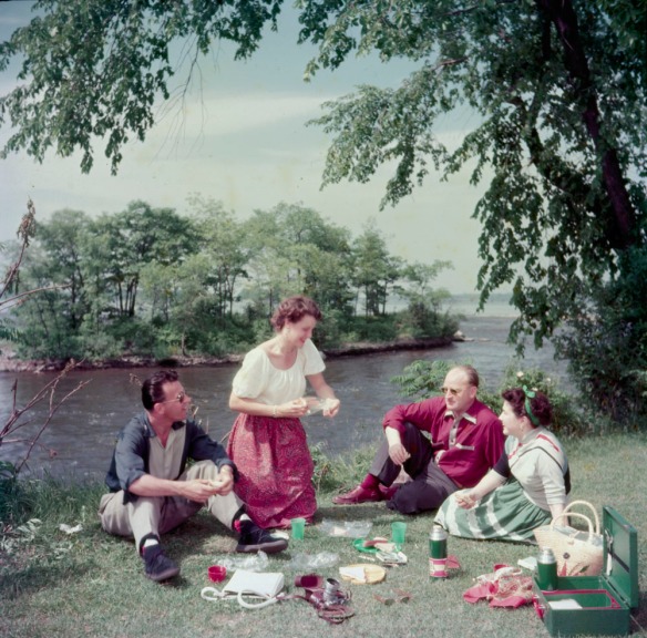A colour photograph of two women and two men having a picnic in a park on the bank of a river.