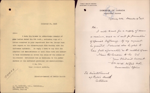 A typed letter and the handwritten response about the Spanish flu.