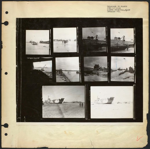 A page of black-and-white photographs showing photos of landing craft, destroyed enemy beach defences, and villages and landing beaches.
