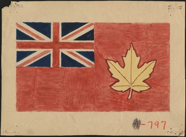 A flag design with the Union Jack in the left-hand top corner and a gold maple leaf on the right with a red background.