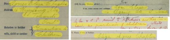 Close-ups with yellow highlighting of typed and handwritten documents from William Charles Chaplin’s service file in the Personnel Records of the First World War database. The handwriting is in red and black ink. 