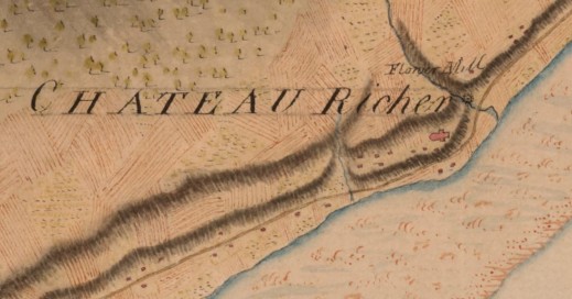 Colour map showing a river and a village with the words “Château Richer” written near the centre of the map.