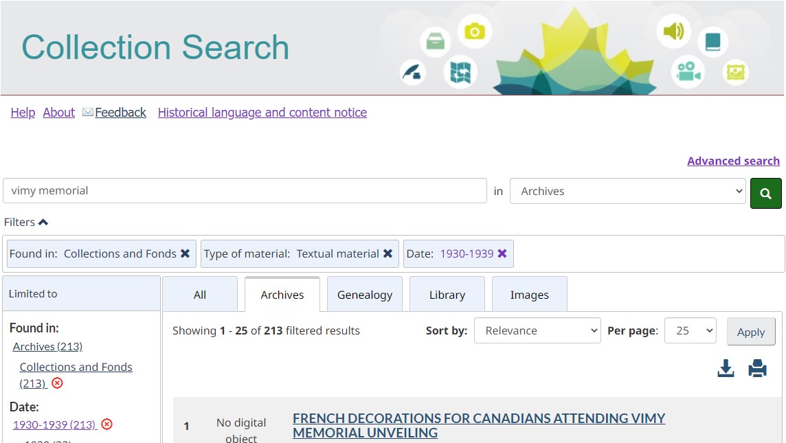 A screenshot of Collection Search on the Library and Archives Canada website, using the search term “vimy memorial.”
