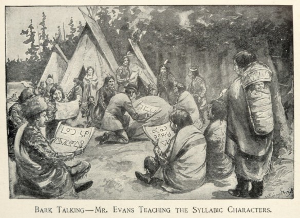 Black-and-white illustration of a group of people seated on the ground encircling a kneeling man who is recording syllabic writing on a sheet of bark on top of a large stone. Several of the seated people hold sheets of bark with syllabics. A woman is standing in the right foreground and looking toward the group. She is carrying an infant in a cradleboard on her back. There are three teepees behind the group, and a forest in the background. 