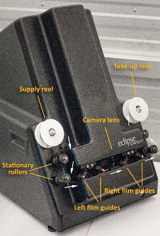 A photograph of the Eclipse Rollfilm scanner by nextScan, with labelled supply reel, stationary rollers, film guides, camera lens and take-up reel.