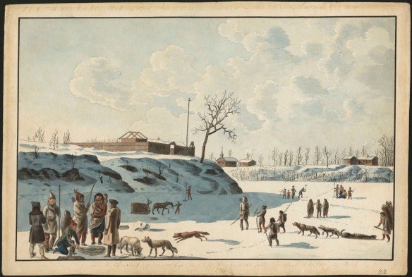 Watercolour of a group of people with two dogs standing on a frozen river in the lower-left corner. Several hold fishing spears. Another dog is running toward the group. In the background on the river are a number of smaller groups of people, several dogs and a horse. There is a wooden fort on the embankment on the left side, and some smaller wooden structures on the opposite embankment in the distance.