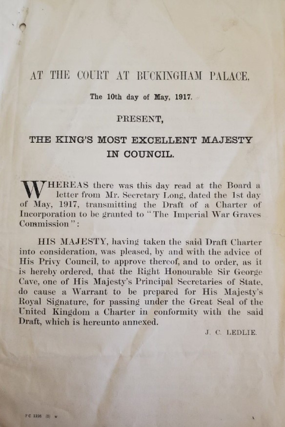 Text document dated May 10, 1917, written by J.C. Ledlie, from “At the Court at Buckingham Palace, Present, The King’s Most Excellent Majesty in Council.”