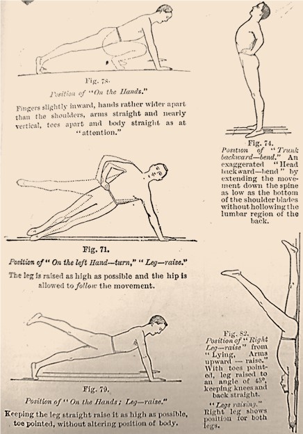 Guide with five figures showing exercise positions of on the hands, on the left hand turn with leg raised, on the hands with leg raised, trunk backward-bend and right leg raised from lying on back with arms raised upward.