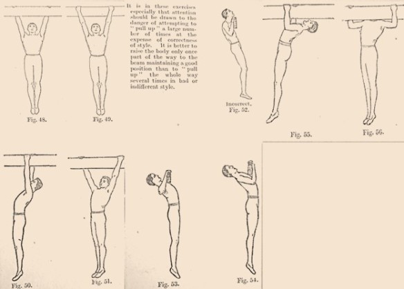 Guide with eight figures showing the proper positions of pull-ups and one figure showing the incorrect way to do a pull-up.