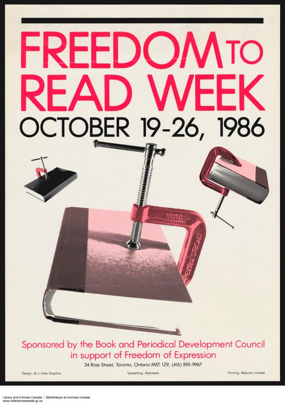 Poster for Freedom to Read Week dated October 19–26, 1986, with three books closed by clamps.