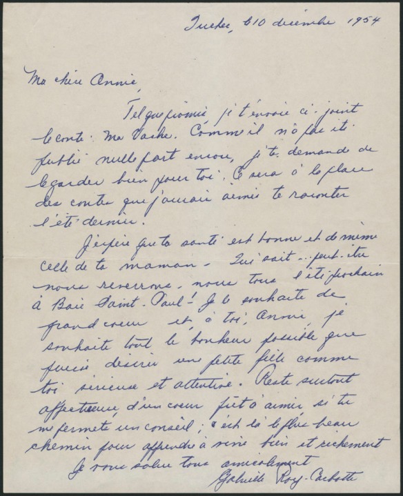 Handwritten letter addressed to Annik Charbonneau and signed by Gabrielle Roy. It is written in blue ink with cursive script.