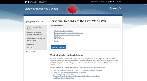 Screenshot of the original Personnel Records of the First World War page on Library and Archives Canada’s website.