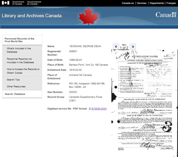 Screenshot of an individual file view in the Personnel Records of the First World War database on Library and Archives Canada’s website. 