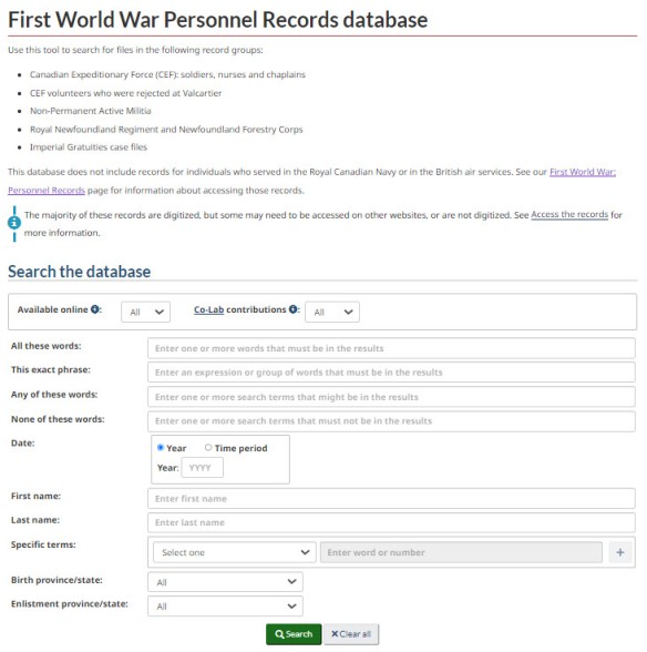 Screenshot of the new First World War Personnel Records database on Library and Archives Canada’s website.