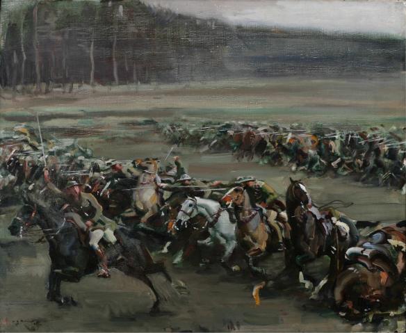 Canadian Cavalry Brigade on horseback charging.