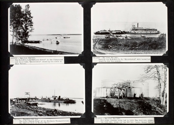 Four black and white silver gelatin prints mounted on paper: three of boats in a river with shoreline scenes and one of crude storage tanks on shore.