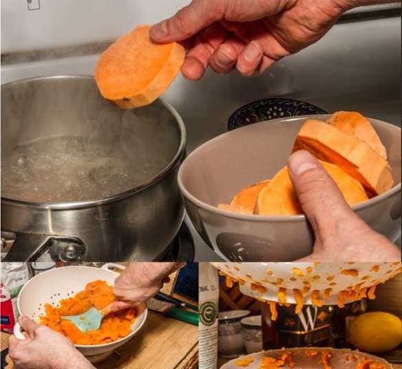Collage of three images, including slices of sweet potatoes being added to a pot of boiling water; sweet potatoes being mashed with a spatula; and sweet potatoes being pressed through a colander.