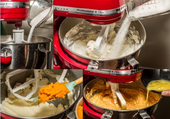 Collage of four images, including sugar being poured into a mixer with butter; mashed sweet potatoes being added to the same mixer; and eggs being added after all the other ingredients.