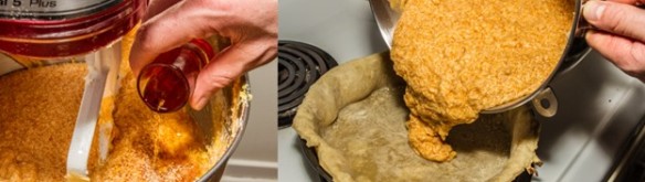 Side-by-side images of whisky being poured into a mixer with other ingredients, and filling being poured into a pie crust.