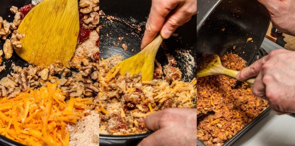 Three close-up shots, side by side, showing the ingredients being mixed and transferred to a baking dish.